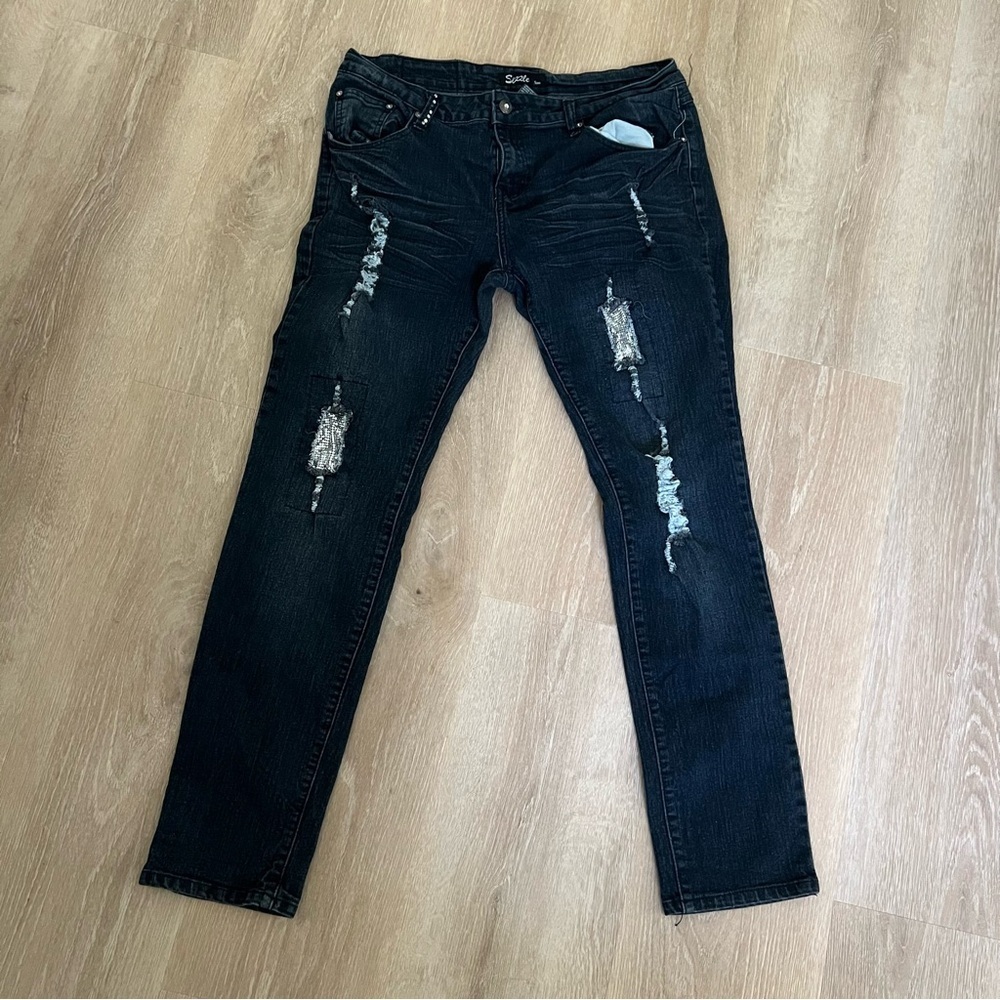 Sizzle Jeans size 15 juniors distressed skinny bling dark wash